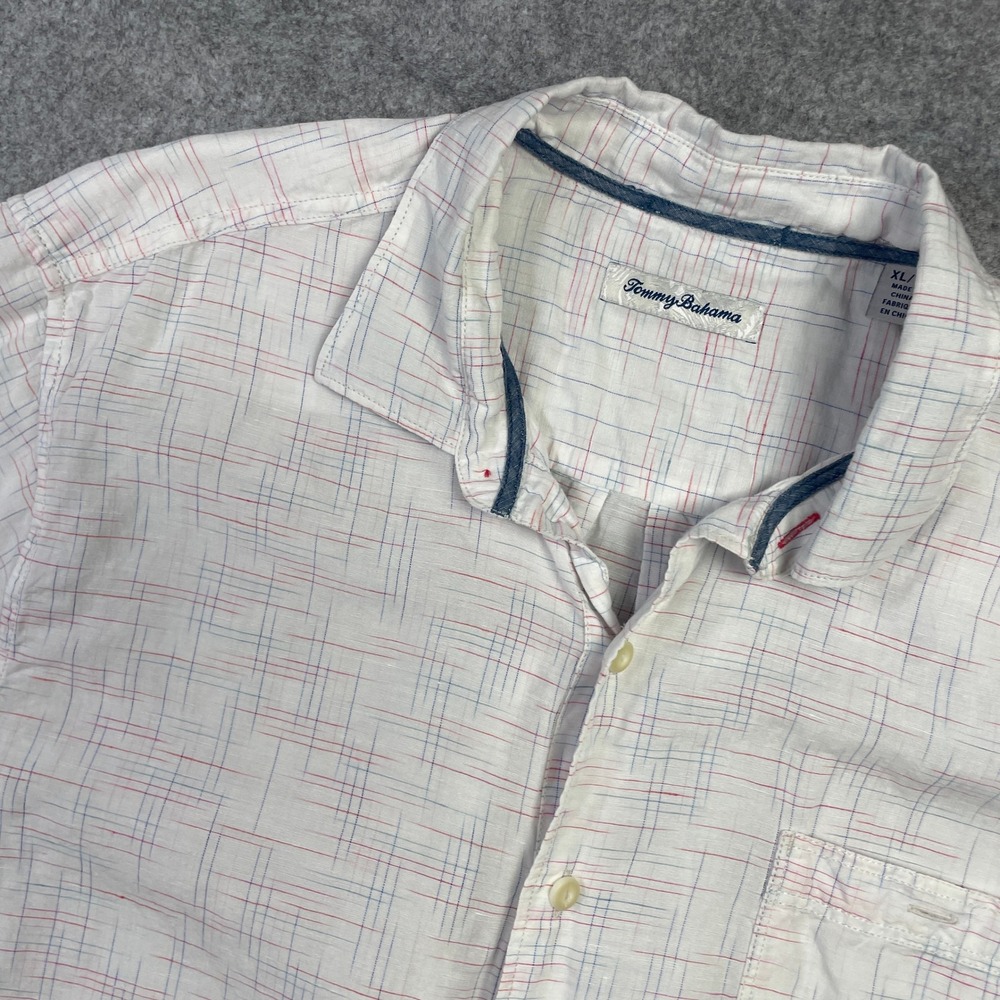 Tommy Bahama Mens Shirt XL White Grid Linen Short Sleeve Button Down Up Resort